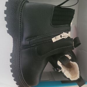 Kids Black Faux-Leather Ankle Boots with Side Zip